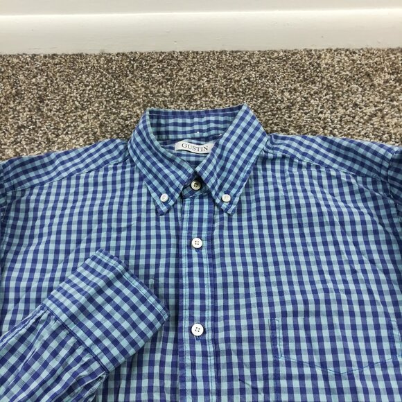 Gustin Shirt Gingham Checked Long Sleeve Button Down Blue Mens Large USA Made - Picture 1 of 9
